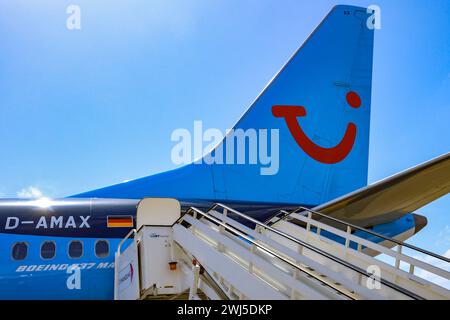 Afrika, Boeing 737 Max von TUIfly auf dem Flughafen Amilcar Cabral International ist der wichtigste und größte Flughafen der Kapverden auf der Insel Sal, Flugzeug, Logo tui. *** Afrika, Boeing 737 Max ab TUIfly am Amilcar Cabral International Airport ist der wichtigste und größte Flughafen in Kap Verde auf der Insel Sal, Flugzeug, Logo tui Stockfoto