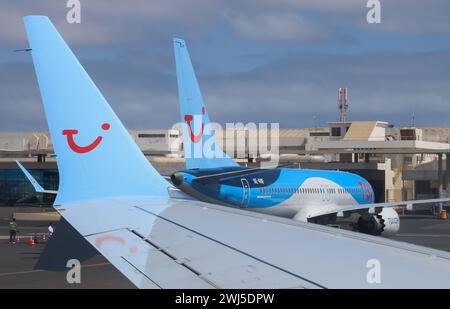 Afrika, Boeing 737 Max von TUIfly auf dem Flughafen Amilcar Cabral International ist der wichtigste und größte Flughafen der Kapverden auf der Insel Sal, Flugzeug, Logo tui. *** Afrika, Boeing 737 Max ab TUIfly am Amilcar Cabral International Airport ist der wichtigste und größte Flughafen in Kap Verde auf der Insel Sal, Flugzeug, Logo tui Stockfoto