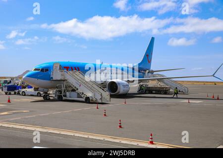 Afrika, Boeing 737 Max von TUIfly auf dem Flughafen Amilcar Cabral International ist der wichtigste und größte Flughafen der Kapverden auf der Insel Sal, Flugzeug, Logo tui. *** Afrika, Boeing 737 Max ab TUIfly am Amilcar Cabral International Airport ist der wichtigste und größte Flughafen in Kap Verde auf der Insel Sal, Flugzeug, Logo tui Stockfoto