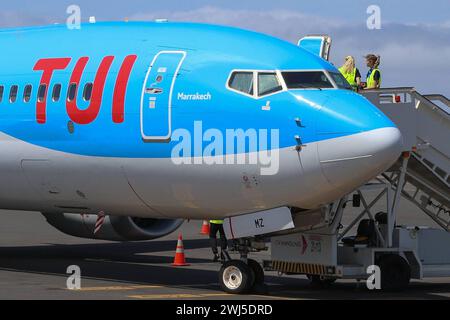 Afrika, Boeing 737 Max von TUIfly auf dem Flughafen Amilcar Cabral International ist der wichtigste und größte Flughafen der Kapverden auf der Insel Sal, Flugzeug, Logo tui. *** Afrika, Boeing 737 Max ab TUIfly am Amilcar Cabral International Airport ist der wichtigste und größte Flughafen in Kap Verde auf der Insel Sal, Flugzeug, Logo tui Stockfoto