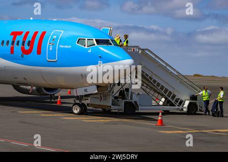 Afrika, Boeing 737 Max von TUIfly auf dem Flughafen Amilcar Cabral International ist der wichtigste und größte Flughafen der Kapverden auf der Insel Sal, Flugzeug, Logo tui. *** Afrika, Boeing 737 Max ab TUIfly am Amilcar Cabral International Airport ist der wichtigste und größte Flughafen in Kap Verde auf der Insel Sal, Flugzeug, Logo tui Stockfoto