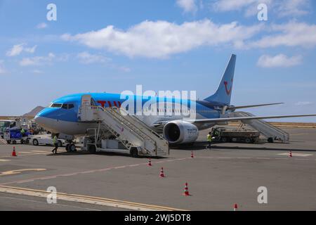 Afrika, Boeing 737 Max von TUIfly auf dem Flughafen Amilcar Cabral International ist der wichtigste und größte Flughafen der Kapverden auf der Insel Sal, Flugzeug, Logo tui. *** Afrika, Boeing 737 Max ab TUIfly am Amilcar Cabral International Airport ist der wichtigste und größte Flughafen in Kap Verde auf der Insel Sal, Flugzeug, Logo tui Stockfoto