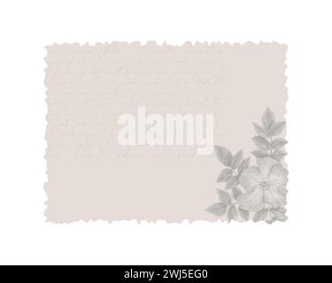 Digitales Scrapbooking-Element, antiker Vintage-Brief mit abgerissenen Kanten, Hagebuttenblütendruck und Lorem-imsum-Text, für Vintage-Collage-Design. Vektorabbildung Stock Vektor