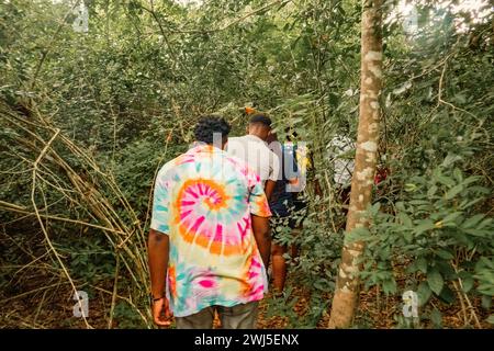 Rückansicht einer Gruppe von Wanderern auf einem unbefestigten Wanderweg inmitten von Bäumen im Arabuko Sokoke Forest in Waatamu, Malindi, Kenia Stockfoto