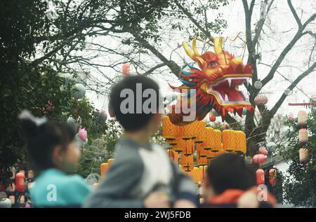 HANGZHOU, CHINA - 13. FEBRUAR 2024 - Touristen sehen eine 300 Meter lange Drachenlaterne im Xixi Wetland im West Lake District von Hangzhou, der Hauptstadt des Ostens Stockfoto