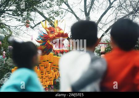 HANGZHOU, CHINA - 13. FEBRUAR 2024 - Touristen sehen eine 300 Meter lange Drachenlaterne im Xixi Wetland im West Lake District von Hangzhou, der Hauptstadt des Ostens Stockfoto