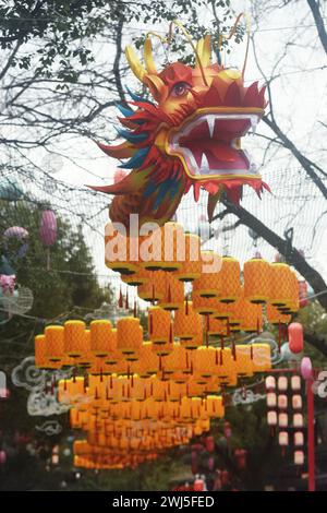 HANGZHOU, CHINA - 13. FEBRUAR 2024 - Touristen sehen eine 300 Meter lange Drachenlaterne im Xixi Wetland im West Lake District von Hangzhou, der Hauptstadt des Ostens Stockfoto