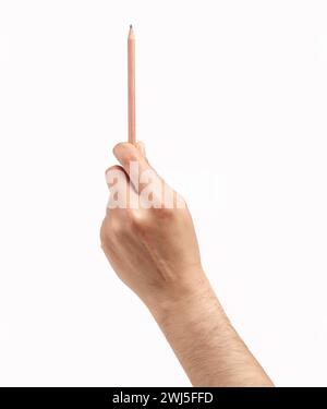 Mann Hand hält einen Bleistift isoliert auf weißem Hintergrund Stockfoto