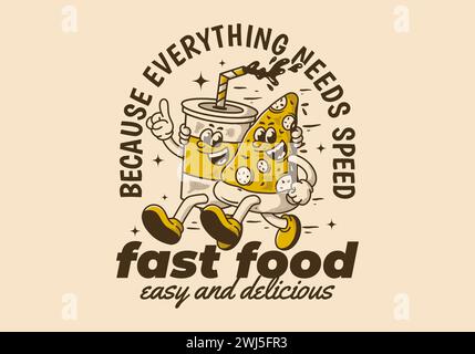 Fast Food, einfach und lecker. Maskottchenfigur von laufender Pizza und alkoholfreiem Getränk Stock Vektor