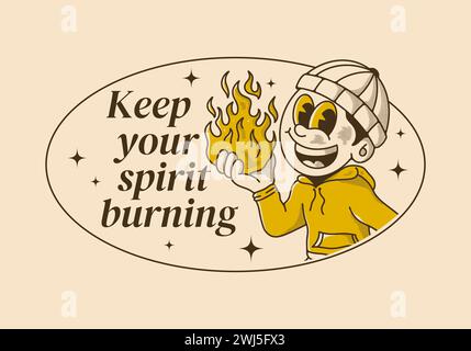 Lassen Sie Ihren Geist brennen. Retro-Illustration eines Beanie-Typen, der ein Feuer hält Stock Vektor