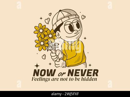 Jetzt oder nie. Vintage-Illustration eines Beanie-Typen, der eine Blume hält Stock Vektor