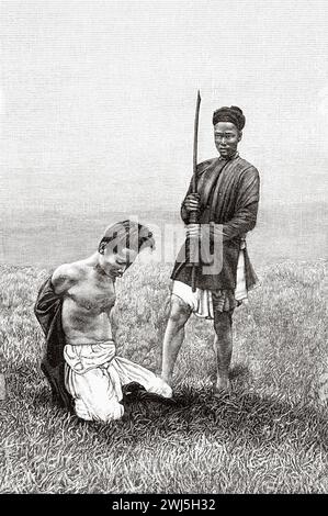 Hinrichtung eines zum Tode verurteilten Piraten. Tonkin, Französisch-Indochina. Vietnam, Asien. Dreißig Monate in Tonkin 1885 von Dr. Charles Edouard Hocquard (1853–1911) Le Tour du Monde 1890 Stockfoto