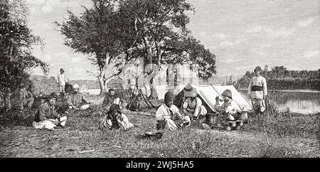 Lager der algerischen Schützlinge. Tonkin, Französisch-Indochina. Vietnam, Asien. Dreißig Monate in Tonkin 1885 von Dr. Charles Edouard Hocquard (1853–1911) Le Tour du Monde 1890 Stockfoto