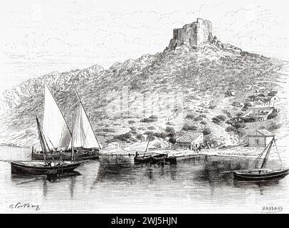 Alter Hafen und Schloss von Cabrera Archipel, Mallorca. Baleareninsel, Spanien. Ausflug zu den Balearen Menorca und Cabrera 1888 mit Gaston Charles Vuillier (1845 - 1915) Le Tour du Monde 1890 Stockfoto