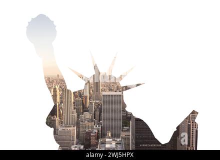 Doppelbelichtung der Skyline von Manhattan in New york City mit Freiheitsstatue Silhouette Stockfoto