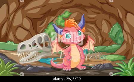 Farbenfroher Drache mit Dinosaurierknochen im Hintergrund Stock Vektor