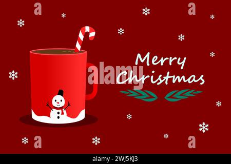 Eine Tasse Kaffee mit Weihnachtsbonbons und Schnee auf rotem Hintergrund. Heißes Getränk riecht nach Weihnachten. Vektorabbildung. Stock Vektor