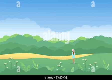 Panorama des Frühlings oder Sommers und wunderschöne Natur, grüne Wiesen, Wiese mit einer Frau, die den Blick auf die Natur genießt. Illustration des Querformat-Vektors Stock Vektor