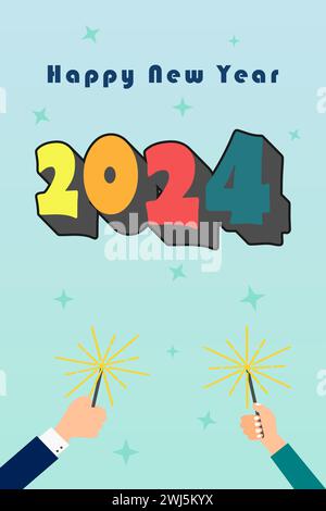 Happy New Year 2024 mit farbiger Designvorlage. Hand hält Feuerwerk. Vertikales Design. Stock Vektor