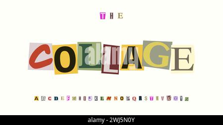 Collage-Schriftart Bunte ausgeschnittene Buchstaben, geschnittene Stücke Papier-Alphabet für Kinder Logos, verspielte Schulbanner, lebendiges Vorschulhandwerk Stock Vektor
