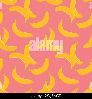 Nahtloses Bananenmuster auf rosa Hintergrund. Vektorabbildung. Design für Verpackungspapier, Textil, Gewebe. Gelbe reife exotische Früchte. Stock Vektor