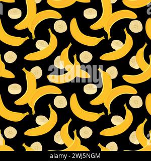 Nahtloses Bananenmuster auf schwarzem Hintergrund. Vektor. Design für Verpackungspapier, Textil, Gewebe. Gelbe reife exotische Früchte, ganz in Schalen und Stücken Stock Vektor
