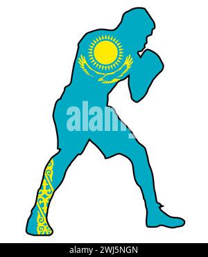 Silhouette eines schweren Boxers im Umriss über der Nationalflagge Kasachstans Stockfoto