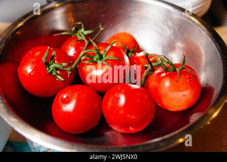 Hellrote, reife Tomaten auf der Rebe in einer glänzenden Edelstahlschale, frisch gewaschen mit sichtbaren Wassertropfen. Stockfoto