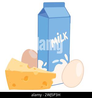 Satz von Proteinprodukten. Milch, Eier, Käse. Vektorabbildung in abgewickelter Form. Produkte für die Keto-Diät auf weißem Hintergrund. Stock Vektor