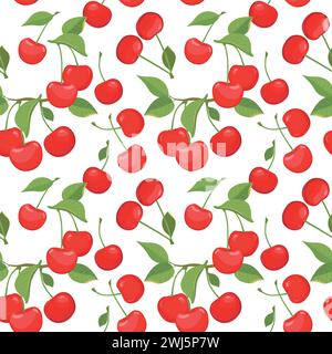 Nahtloses Muster mit Kirsche auf weißem Hintergrund. Flache Stil Vektorillustration für Sommer stilvolles Design, Tapeten, Verpackung, Textilien, Stoffe Stock Vektor