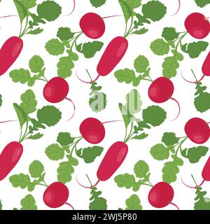 Nahtloses rotes Rettich-Muster auf weißem Hintergrund. Vektorgemüse in flacher Form. Hintergrund für Küchentextilien, Muster von frischem Gemüse in Carto Stock Vektor