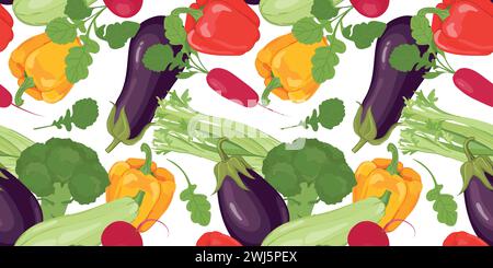Nahtloses Gemüsemuster. Vektorprodukte in flacher Ausführung. Aubergine, Zucchini, Brokkoli, Paprika, Rettich und Sellerie auf weißem Hintergrund. Design Stock Vektor