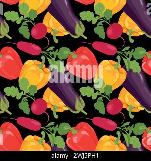 Nahtloses Gemüsemuster. Vektorprodukte in flacher Ausführung. Eggplan, Paprika, Rettich und Sellerie auf schwarzem Hintergrund. Design für Tapeten, Stoff Stock Vektor