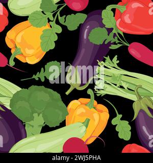 Nahtloses Gemüsemuster. Vektorprodukte in flacher Ausführung. Aubergine, Zucchini, Brokkoli, Paprika, Rettich und Sellerie auf schwarzem Hintergrund. Design Stock Vektor