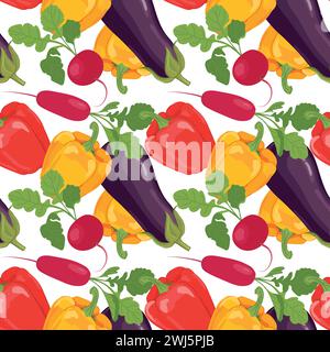 Nahtloses Gemüsemuster. Vektorprodukte in flacher Ausführung. Aubergine, Paprika, Rettich und Sellerie auf weißem Hintergrund. Design für Tapeten, fabri Stock Vektor