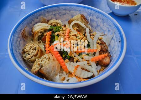 Reisvermicelli-Nudel mit gegrilltem Schweinefleisch und Frühlingsrollen (Brötchen thit Nuong / bún thịt nướng), ein beliebtes vietnamesisches Gericht Stockfoto