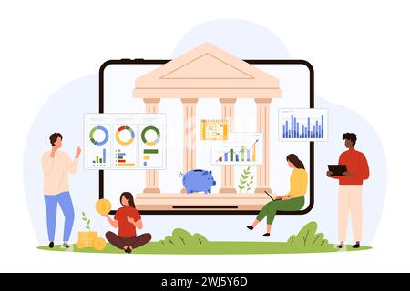 Bankkontoanwendung für Geldtransaktionen und Online-Zahlungen, mobiles Banking. Winzige Leute, die ein Tablet mit Bankgebäude und Infografiken verwenden, zeigen eine Vektor-Illustration Stock Vektor
