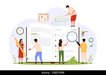 Informationsanalyse, Datenprüfung und -Auswertung. Winzige Leute schauen durch Vergrößerungsglas auf Infografiken und Diagramme auf der Papierseite des Buches, Forschung berichtet Comic Vektor Illustration Stock Vektor