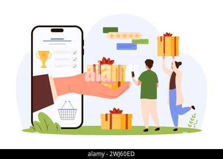 Werbegeschenke, Werbung für Treueprogramme, Wettbewerb für Geschenkgutscheine und Gutscheine für kostenlose Lieferung und Rabatte. Hand vom Handy Bildschirm, der Preisschachtel zu den winzigen Leuten Karikaturvektor Illustration gibt Stock Vektor