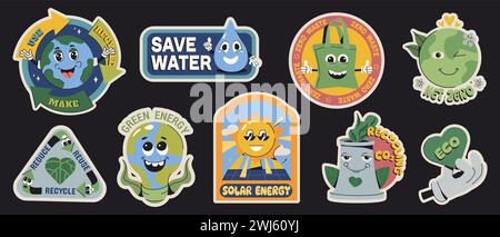 Groovige y2k-Retro-Cartoon-Aufkleber für Ökologie. Lustige Erdfiguren mit Gesichtern. Umweltfreundliches Emblem oder Etikett auf schwarzem Hintergrund. Umweltschutz. Sparen Sie grünen Planeten, keine Abfälle, Recycling-Konzept Stock Vektor