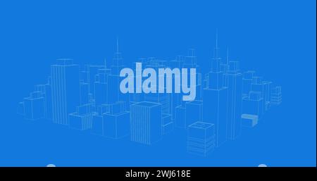 Digitales Bild eines blauen 3D-Blaudruckmodells einer Stadt, die sich vor blauem Hintergrund dreht Stockfoto