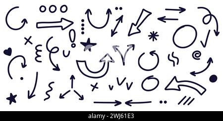 Satz von Pfeilen und Grafiken, die von Hand mit Stift oder Marker gezeichnet wurden, in verschiedenen Versionen im Doodle-Stil Stock Vektor