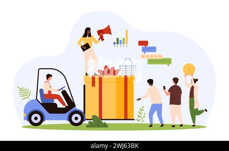 Vorteile des Treueempfängerprogramms für Verbraucher, Vorteile und Boni, Werbegeschenke. Kleine Leute tragen riesige Geschenkbox auf Gabelstapler für kleine Publikum, teilen Sie Preis für Freunde Cartoon Vektor Illustration Stock Vektor