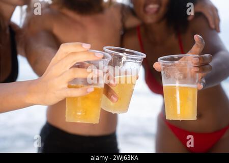 Multi-ethnische Gruppe von Freunden, die Spaß am Strand haben, Bier trinken und Spaß haben Stockfoto