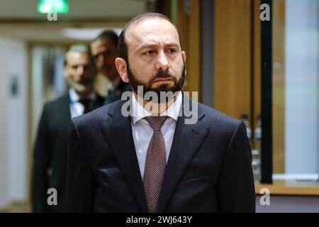 Brüssel, Belgien Februar 2024. Ararat MIRZOYAN, Außenminister der Republik Armenien, nimmt am 13. Februar 2024 am Partnerschaftsrat EU-Armenien in Brüssel, Belgien Teil. Quelle: ALEXANDROS MICHAILIDIS/Alamy Live News Stockfoto