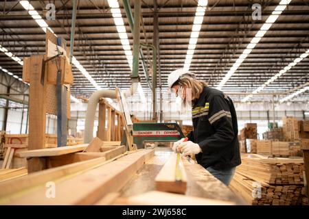 Porträt einer jungen Zimmermannin, die mit Holzschneidemaschine in der Holzfabrik arbeitet Stockfoto