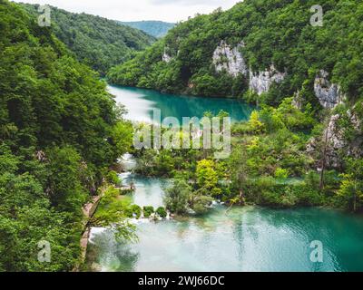 Ein malerischer Blick auf den üppigen grünen Wald und einen ruhigen Fluss im Nationalpark Plitvicer Seen, Kroatien Stockfoto