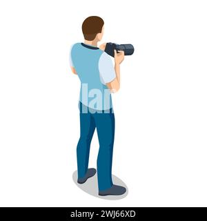 Isometrischer Mann-Fotograf mit dslr-Kamera. Digitale Fotokamera. Home Hobbyarbeit, Lifestyle, Reisen, Menschenkonzept. Professioneller Fotograf Stock Vektor