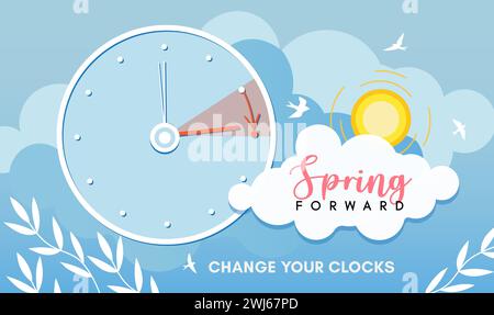 Sommerzeit-Konzept mit Uhr, Wolken und Sonnenillustration. Frühjahrsmeldung auf blauem Himmel. Design für Poster, Banner und Stockfoto