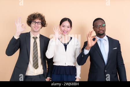 Porträt von Gruppen multiethnischer Geschäftsleute, die zusammen ein OK-Handschild mit Fingern zeigen Stockfoto